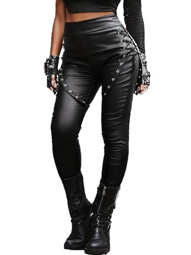 Nihsatin Damen Gothic High Waist Kunstleder Hose Seitliche Schnürung Skinny Fit Punk Rock Hose mit Ösen Detail, Schwarz , L von Nihsatin