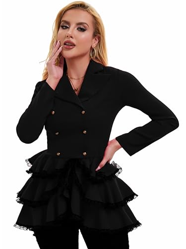 Nihsatin Gothic Steampunk Zweireihige Schößchen Blazer Jacken mit Spitzenbesatz, Schwarz , XXL Nihsatin Gothic Steampunk Zweireihige Schößchen Blazer Jacken mit Spitzenbesatz, Schwarz , XXL von Nihsatin