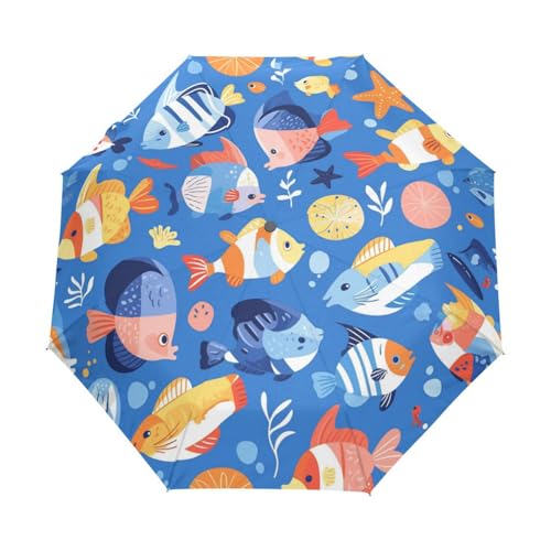 Blau Gepunkteter Fisch Regenschirm Taschenschirm Kinder Jungen Mädchen UV-Schutz Auf-Zu Automatik Umbrella Verstärkt Winddichte Zusammenklappbar von Niigeu