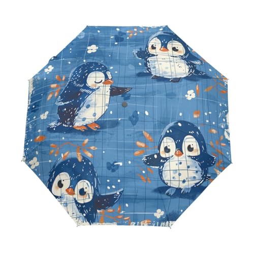 Blaue Pinguine Gitterkaro Regenschirm Taschenschirm Kinder Jungen Mädchen UV-Schutz Auf-Zu Automatik Umbrella Verstärkt Winddichte Zusammenklappbar von Niigeu