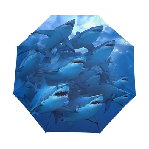 Blauer Ozeanhaifisch Regenschirm Taschenschirm Kinder Jungen Mädchen UV-Schutz Auf-Zu Automatik Umbrella Verstärkt Winddichte Zusammenklappbar von Niigeu