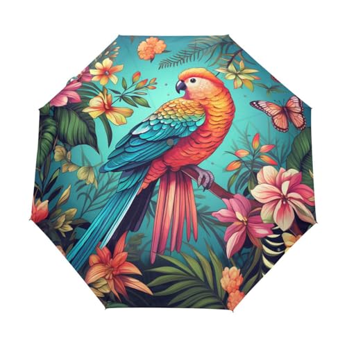 Blume Papagei Schmetterling Tier Regenschirm Taschenschirm Kinder Jungen Mädchen UV-Schutz Auf-Zu Automatik Umbrella Verstärkt Winddichte Zusammenklappbar von Niigeu