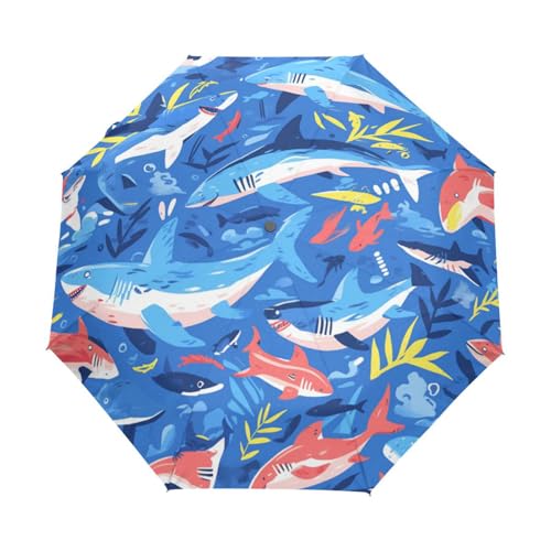 Cartoon Blaue Fischhaie Regenschirm Taschenschirm Kinder Jungen Mädchen UV-Schutz Auf-Zu Automatik Umbrella Verstärkt Winddichte Zusammenklappbar von Niigeu