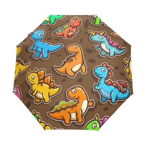 Cartoon Dino Dinosaurier Braun Regenschirm Taschenschirm Kinder Jungen Mädchen UV-Schutz Auf-Zu Automatik Umbrella Verstärkt Winddichte Zusammenklappbar von Niigeu