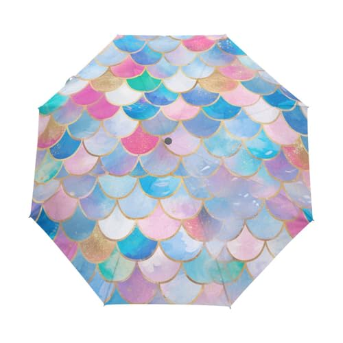 Cartoon Fischschuppen Meerjungfrau Regenschirm Taschenschirm Kinder Jungen Mädchen UV-Schutz Auf-Zu Automatik Umbrella Verstärkt Winddichte Zusammenklappbar von Niigeu