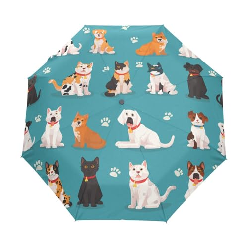 Cartoon Hunde, Katzen, Haustiere Regenschirm Taschenschirm Kinder Jungen Mädchen UV-Schutz Auf-Zu Automatik Umbrella Verstärkt Winddichte Zusammenklappbar von Niigeu