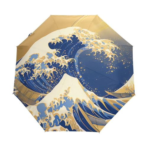 Cartoon Japanische Meereswelle Blau Regenschirm Taschenschirm Kinder Jungen Mädchen UV-Schutz Auf-Zu Automatik Umbrella Verstärkt Winddichte Zusammenklappbar von Niigeu