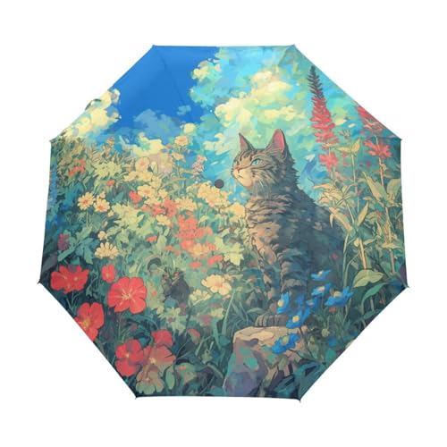 Cartoon Katzen Gänseblümchen Blumen Regenschirm Taschenschirm Kinder Jungen Mädchen UV-Schutz Auf-Zu Automatik Umbrella Verstärkt Winddichte Zusammenklappbar von Niigeu