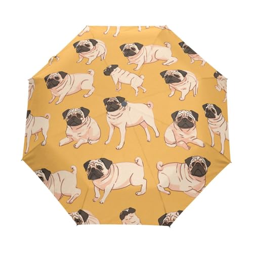 Cartoon Lustige Mopshunde Regenschirm Taschenschirm Kinder Jungen Mädchen UV-Schutz Auf-Zu Automatik Umbrella Verstärkt Winddichte Zusammenklappbar von Niigeu