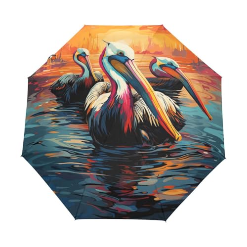 Cartoon Pelikane Vogel Sonnenuntergang Regenschirm Taschenschirm Kinder Jungen Mädchen UV-Schutz Auf-Zu Automatik Umbrella Verstärkt Winddichte Zusammenklappbar von Niigeu