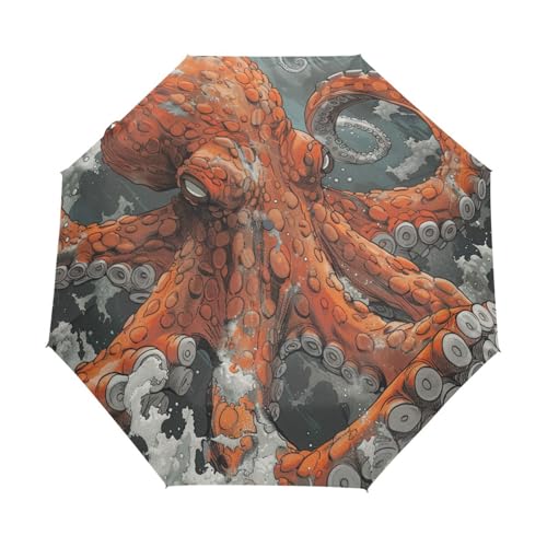 Cartoon Piraten Oktopus Tier Regenschirm Taschenschirm Kinder Jungen Mädchen UV-Schutz Auf-Zu Automatik Umbrella Verstärkt Winddichte Zusammenklappbar von Niigeu