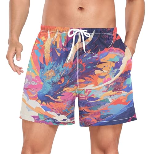 Cartoon Retro Japan Drache Herren Badeshorts Badehose mit Mesh-Futter Boardshorts für Männer Surf Schwimmhose Sporthose von Niigeu