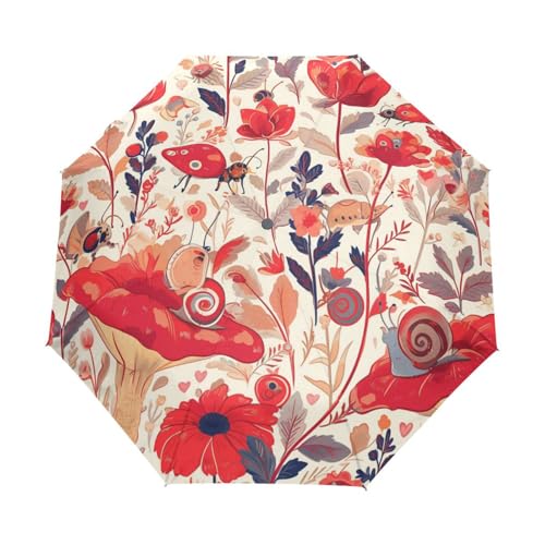 Cartoon Rote Blumenschnecken Regenschirm Taschenschirm Kinder Jungen Mädchen UV-Schutz Auf-Zu Automatik Umbrella Verstärkt Winddichte Zusammenklappbar von Niigeu