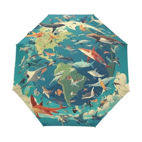 Cartoon Seefisch Erde Blau Regenschirm Taschenschirm Kinder Jungen Mädchen UV-Schutz Auf-Zu Automatik Umbrella Verstärkt Winddichte Zusammenklappbar von Niigeu