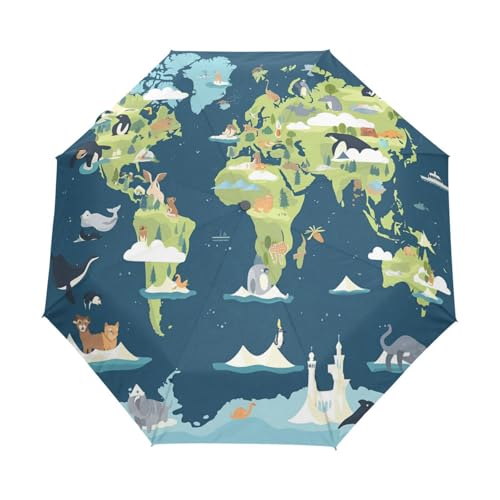 Cartoon Tier Weltkarte Regenschirm Taschenschirm Kinder Jungen Mädchen UV-Schutz Auf-Zu Automatik Umbrella Verstärkt Winddichte Zusammenklappbar von Niigeu