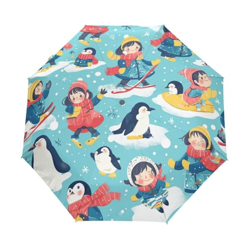 Cartoon Weihnachtstierpinguin Regenschirm Taschenschirm Kinder Jungen Mädchen UV-Schutz Auf-Zu Automatik Umbrella Verstärkt Winddichte Zusammenklappbar von Niigeu