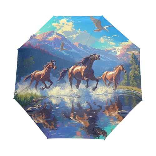 Cartoon Wildtierpferd Regenschirm Taschenschirm Kinder Jungen Mädchen UV-Schutz Auf-Zu Automatik Umbrella Verstärkt Winddichte Zusammenklappbar von Niigeu