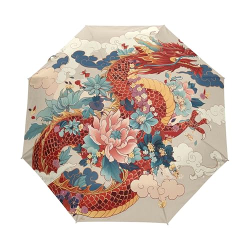 Chinesische Glücksdrachenblume Regenschirm Taschenschirm Kinder Jungen Mädchen UV-Schutz Auf-Zu Automatik Umbrella Verstärkt Winddichte Zusammenklappbar von Niigeu