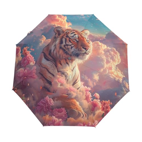 Gänseblümchen Blumen Tiger Tier Regenschirm Taschenschirm Kinder Jungen Mädchen UV-Schutz Auf-Zu Automatik Umbrella Verstärkt Winddichte Zusammenklappbar von Niigeu