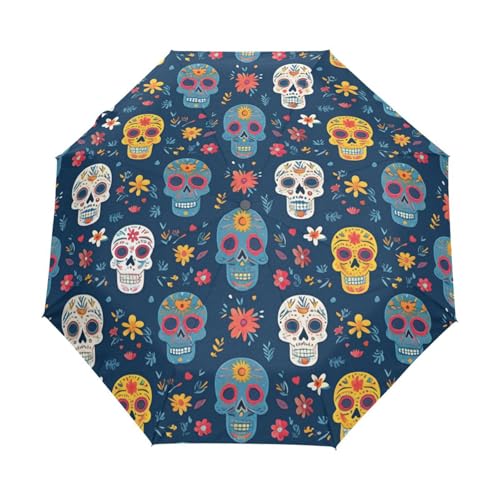 Gänseblümchen Zuckerschädel Regenschirm Taschenschirm Kinder Jungen Mädchen UV-Schutz Auf-Zu Automatik Umbrella Verstärkt Winddichte Zusammenklappbar von Niigeu