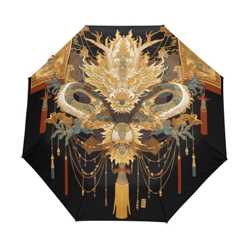 Goldener Drache, Traditionelles Porzellan Regenschirm Taschenschirm Kinder Jungen Mädchen UV-Schutz Auf-Zu Automatik Umbrella Verstärkt Winddichte Zusammenklappbar von Niigeu