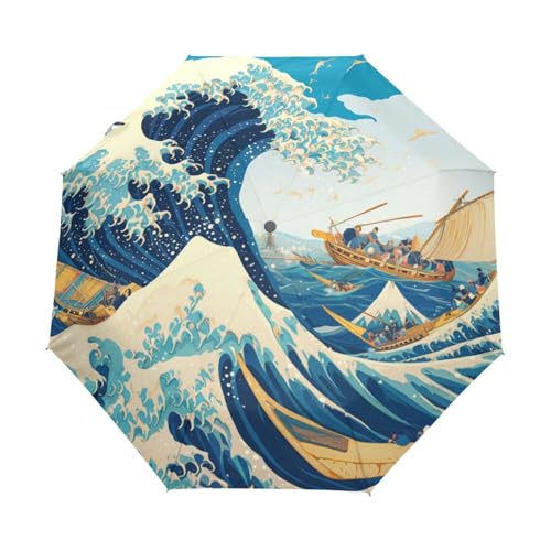 Große Ozeanwelle Kanagawa Regenschirm Taschenschirm Kinder Jungen Mädchen UV-Schutz Auf-Zu Automatik Umbrella Verstärkt Winddichte Zusammenklappbar von Niigeu