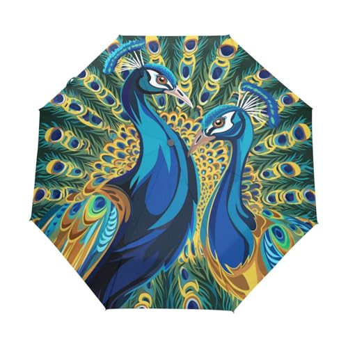 Grüner Pfauenfedervogel Regenschirm Taschenschirm Kinder Jungen Mädchen UV-Schutz Auf-Zu Automatik Umbrella Verstärkt Winddichte Zusammenklappbar von Niigeu