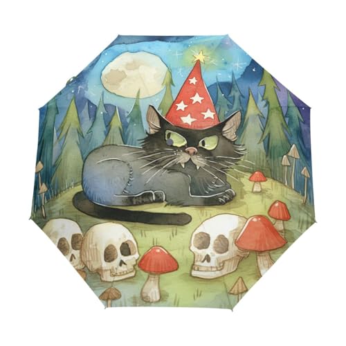 Halloween Magischer Katzenschädel Regenschirm Taschenschirm Kinder Jungen Mädchen UV-Schutz Auf-Zu Automatik Umbrella Verstärkt Winddichte Zusammenklappbar von Niigeu
