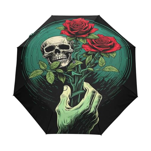 Halloween Zuckerschädel Rosenblume Regenschirm Taschenschirm Kinder Jungen Mädchen UV-Schutz Auf-Zu Automatik Umbrella Verstärkt Winddichte Zusammenklappbar von Niigeu