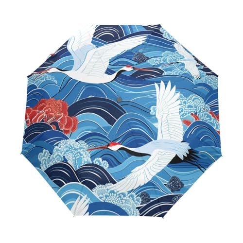Japanische Muster Kranichvogel Regenschirm Taschenschirm Kinder Jungen Mädchen UV-Schutz Auf-Zu Automatik Umbrella Verstärkt Winddichte Zusammenklappbar von Niigeu