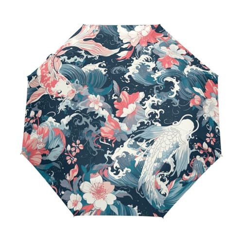Japanischer Blumenglücksfisch Regenschirm Taschenschirm Kinder Jungen Mädchen UV-Schutz Auf-Zu Automatik Umbrella Verstärkt Winddichte Zusammenklappbar von Niigeu