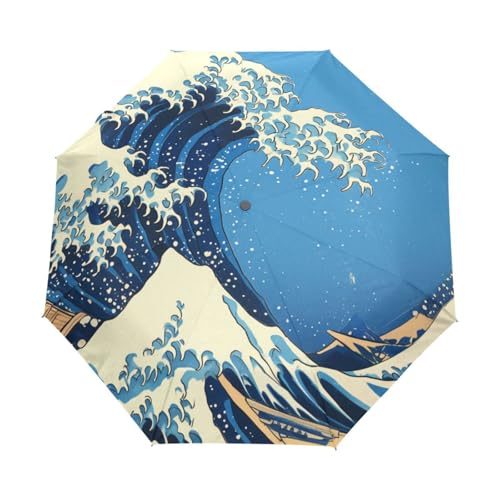 Kanagawa Blaue Meereswelle Regenschirm Taschenschirm Kinder Jungen Mädchen UV-Schutz Auf-Zu Automatik Umbrella Verstärkt Winddichte Zusammenklappbar von Niigeu