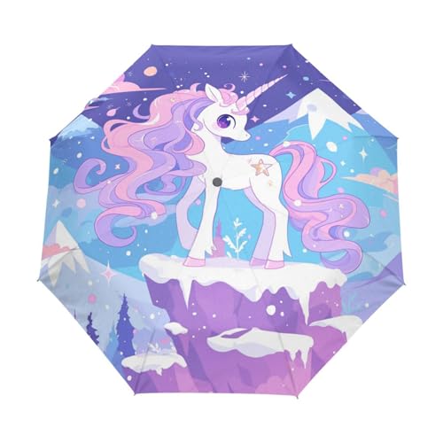 Karton Lila Einhorn Pferd Regenschirm Taschenschirm Kinder Jungen Mädchen UV-Schutz Auf-Zu Automatik Umbrella Verstärkt Winddichte Zusammenklappbar von Niigeu
