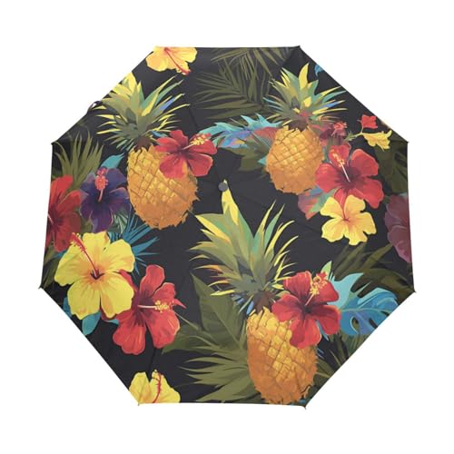 Künstlerische Blumenfruchtananas Regenschirm Taschenschirm Kinder Jungen Mädchen UV-Schutz Auf-Zu Automatik Umbrella Verstärkt Winddichte Zusammenklappbar von Niigeu