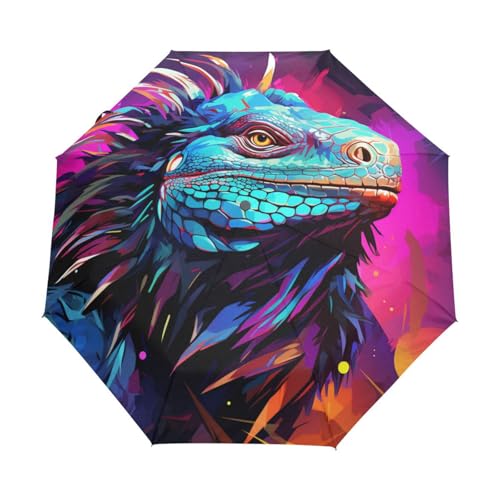 Kunst Eidechse Leguan Lila Regenschirm Taschenschirm Kinder Jungen Mädchen UV-Schutz Auf-Zu Automatik Umbrella Verstärkt Winddichte Zusammenklappbar von Niigeu