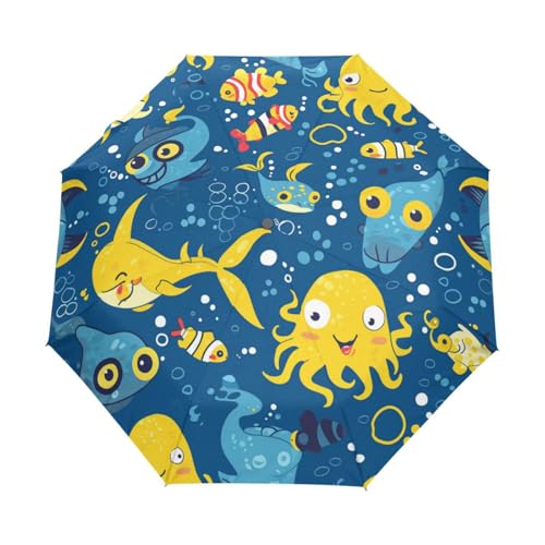 Meeresfisch Cartoon Blau Regenschirm Taschenschirm Kinder Jungen Mädchen UV-Schutz Auf-Zu Automatik Umbrella Verstärkt Winddichte Zusammenklappbar von Niigeu