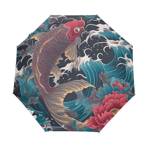 Meereswellen Koi Karpfen Regenschirm Taschenschirm Kinder Jungen Mädchen UV-Schutz Auf-Zu Automatik Umbrella Verstärkt Winddichte Zusammenklappbar von Niigeu