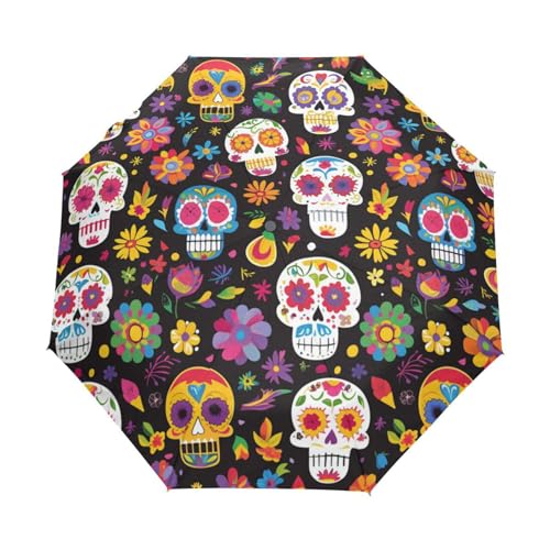 Mexiko Zuckerschädelblume Regenschirm Taschenschirm Kinder Jungen Mädchen UV-Schutz Auf-Zu Automatik Umbrella Verstärkt Winddichte Zusammenklappbar von Niigeu