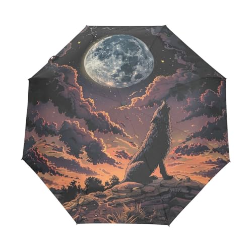 Mondnacht Wolfstier Regenschirm Taschenschirm Kinder Jungen Mädchen UV-Schutz Auf-Zu Automatik Umbrella Verstärkt Winddichte Zusammenklappbar von Niigeu