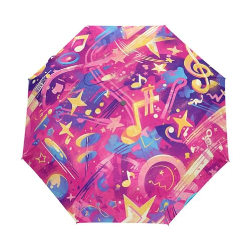 Musiknoten Stern Rosa Regenschirm Taschenschirm Kinder Jungen Mädchen UV-Schutz Auf-Zu Automatik Umbrella Verstärkt Winddichte Zusammenklappbar von Niigeu