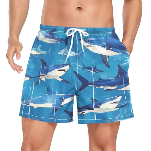 Niigeu Aquarell Blauer Haifisch Herren Badeshorts Badehose mit Mesh-Futter Boardshorts für Männer Surf Schwimmhose Sporthose von Niigeu