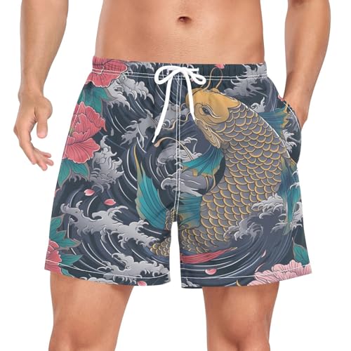 Niigeu Meereswellen Koi Karpfen Herren Badeshorts Badehose mit Mesh-Futter Boardshorts für Männer Surf Schwimmhose Sporthose von Niigeu