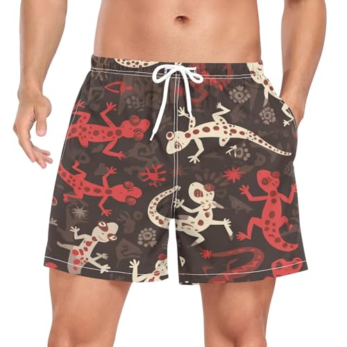 Niigeu Stilvolles Muster Braun Roter Gecko Herren Badeshorts Badehose mit Mesh-Futter Boardshorts für Männer Surf Schwimmhose Sporthose von Niigeu