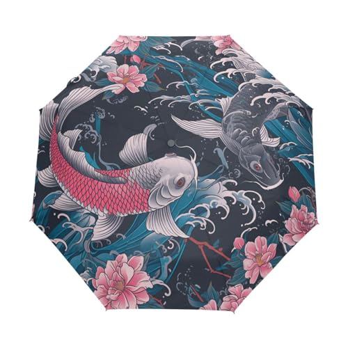 Retro Meereswellen Koi Karpfen Regenschirm Taschenschirm Kinder Jungen Mädchen UV-Schutz Auf-Zu Automatik Umbrella Verstärkt Winddichte Zusammenklappbar von Niigeu