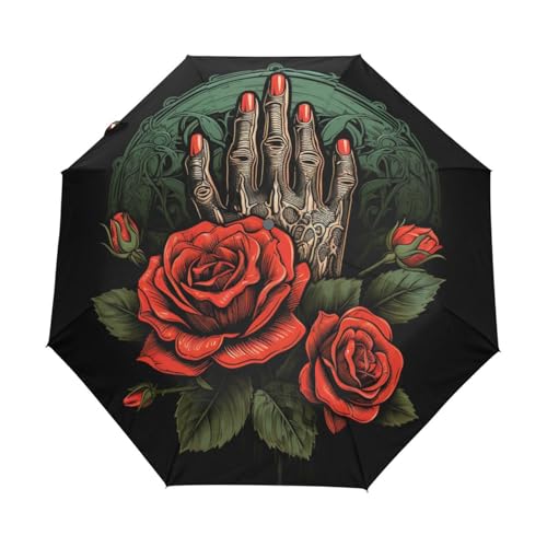 Schädelskelett Rosenblume Regenschirm Taschenschirm Kinder Jungen Mädchen UV-Schutz Auf-Zu Automatik Umbrella Verstärkt Winddichte Zusammenklappbar von Niigeu