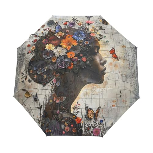 Schmetterlingsblume Afrikanische Frau Regenschirm Taschenschirm Kinder Jungen Mädchen UV-Schutz Auf-Zu Automatik Umbrella Verstärkt Winddichte Zusammenklappbar von Niigeu
