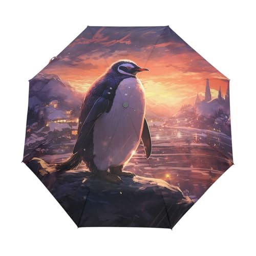 Schneepinguin Anime Sonnenuntergang Regenschirm Taschenschirm Kinder Jungen Mädchen UV-Schutz Auf-Zu Automatik Umbrella Verstärkt Winddichte Zusammenklappbar von Niigeu