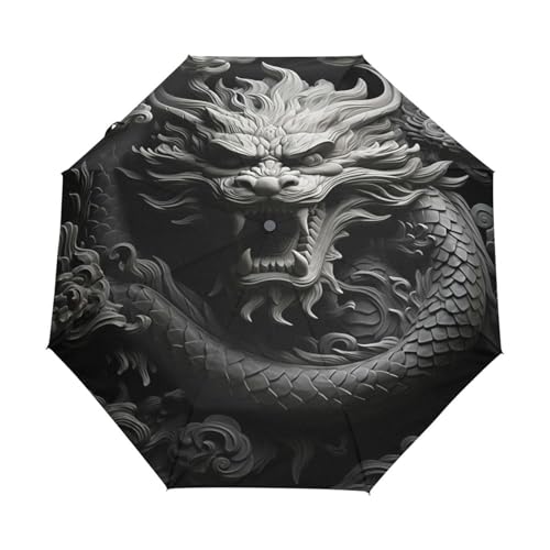 Schwarz Weißes Drachentier Regenschirm Taschenschirm Kinder Jungen Mädchen UV-Schutz Auf-Zu Automatik Umbrella Verstärkt Winddichte Zusammenklappbar von Niigeu