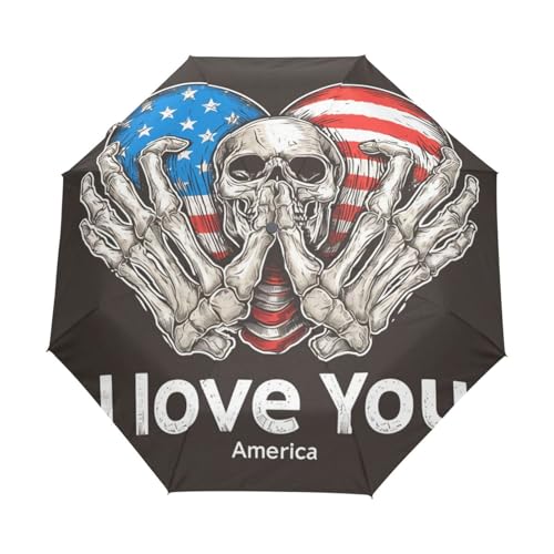 Skelett Schädel Herz Amerikanische Flagge Regenschirm Taschenschirm Kinder Jungen Mädchen UV-Schutz Auf-Zu Automatik Umbrella Verstärkt Winddichte Zusammenklappbar von Niigeu