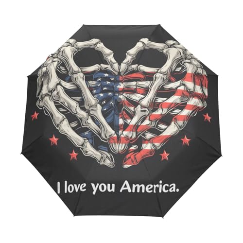 Skelettherz Amerikanische Flagge Regenschirm Taschenschirm Kinder Jungen Mädchen UV-Schutz Auf-Zu Automatik Umbrella Verstärkt Winddichte Zusammenklappbar von Niigeu